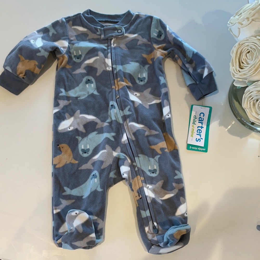 Carter's Blue and Gray Ocean Animal Fleece Footed One-Piece: NWT